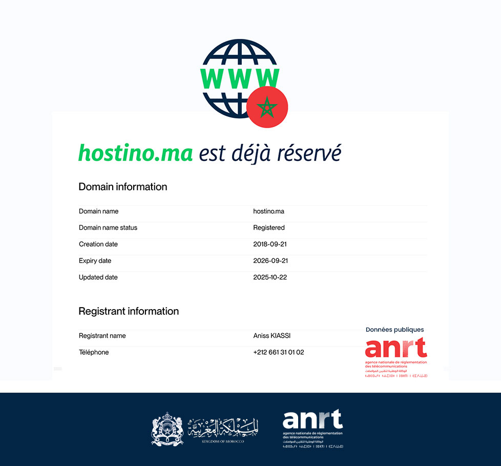 Example of WHOIS data for hostino.ma domain